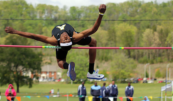 Freshman D.J. Saunders competes in the final round of the high jump, which earned him a conference title. The men’s and women’s teams won the SoCon conference meet in Cullowhee over the weekend. Paul Heckert | The Appalachian