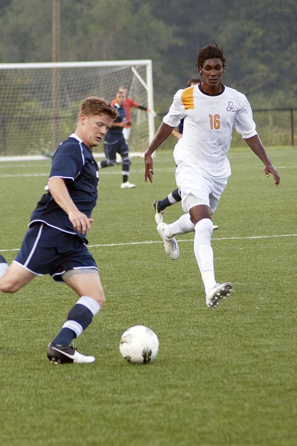 ASUs Josiah Trower runs to try and intercept the ball at Fridays game. ASU beat ETSU 1-0. Courtney Roskos | The Appalachian