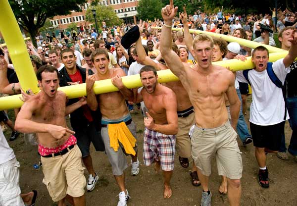 Five years ago, ASU fans carried a goalpost from Kidd-Brewer stadium to Chancellor Peacocks house after discovering Appalachian had beaten Michigan, 34 to 32. Photo courtesy of The Appalachian