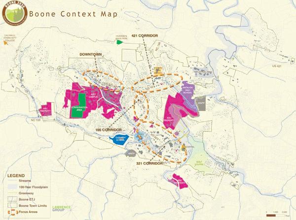 The town of Boone has been creating a 2030 Land Use Plan that will focus on the development of downtown, the 421 corridor and the 105 and 321 corridors. The town has been collaborating with Appalachian State Universitys development plans, with campus buildings highlighted in pink on the map. Photo Courtesy Town of Boone