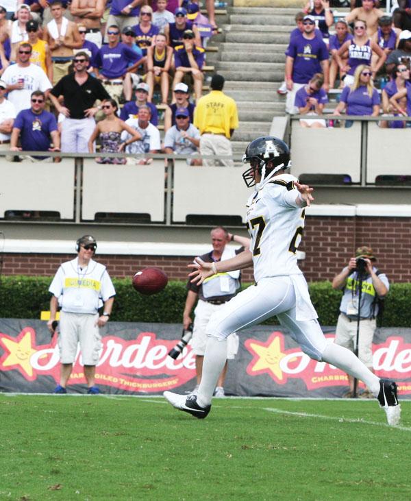 Senior+placekicker+Sam+Martin+prepares+to+kick+the+ball+down+the+field+during+the+game+against+ECU+last+month.+Amy+Birner+%7C+The+Appalachian