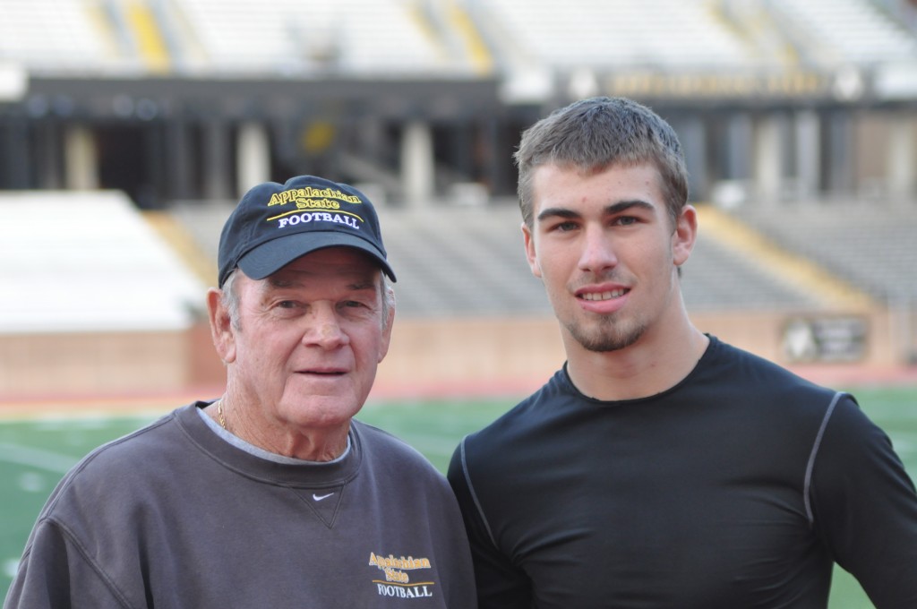 Head+Coach+Jerry+Moore+and+redshirt+freshman+wide+receiver+Trey+Kavanaugh+stand+together+at+practice+Tuesday+afternoon.+Kavanaugh+is+Moores+grandson.+Anne+Buie+%7C+The+Appalachian