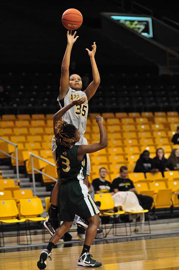 Freshman guard/forward Bria Huffman shoots for a basket during Fridays game against Lees-McRae. Appalachian took the victory, 91-54. Justin Perry | The Appalachian