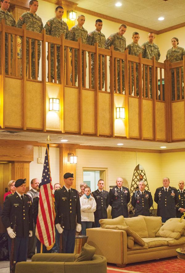 ROTC members stand at attention while the National Anthem is played during the Veterans Day event, hosted at B. B. Dougherty on Monday morning. Guest speakers included Chancellor Peacock, Professor and NC Poet Laureate Joseph Bathanti, and student and Army veteran Eric Loew. Bowen Jones | The Appalachian