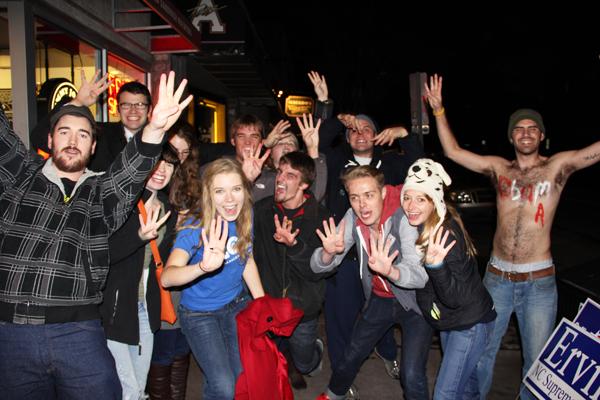 The college democrats celebrate on King Street after Barack Obama was announced to have won the election Tuesday night. Matt Abele | The Appalachian