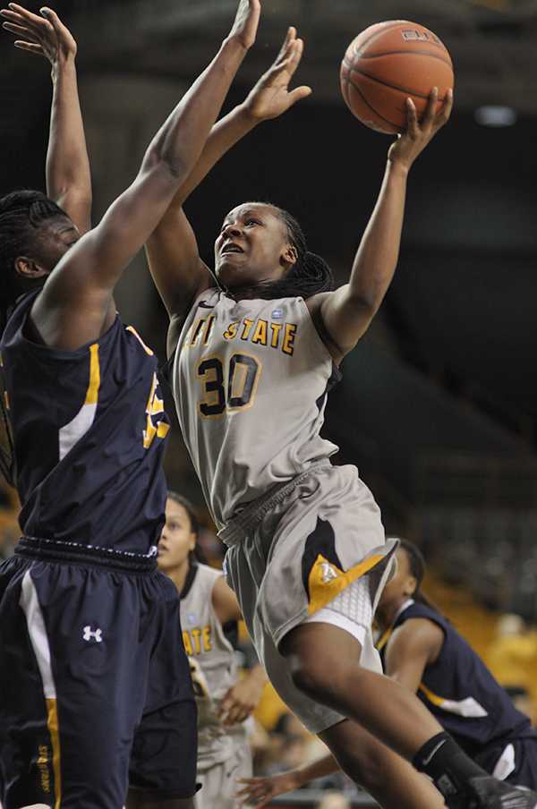 Senior guard Courtney Freeman goes in for a layup in Sunday afternoons game against UNCG. The Mountaineers blasted the Spartans for an 81-58 win.