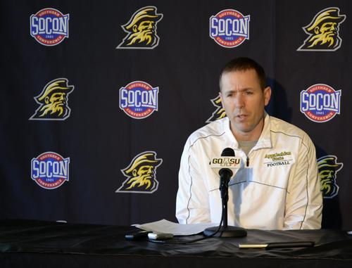 Head football coach Scott Satterfield speaks at a press conference on National Signing Day. The staff introduced and signed 14 new football players to the Mountaineers’ roster.