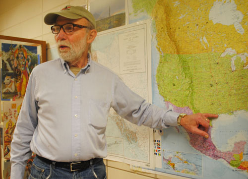 Anthropology professor Harvard Ayers shows on a map areas that will be affected by the pipeline.