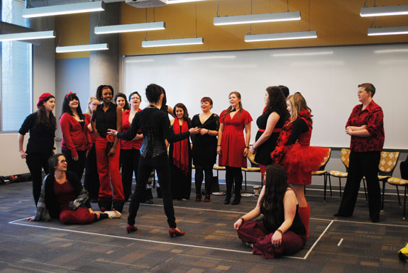 The cast of “The Vagina Monologues” practices a skit during rehearsal in Plemmons Student Union over the weekend. The show will be performed Feb. 13-15 at 7 p.m. in the Blue Ridge Ballroom of the student union.