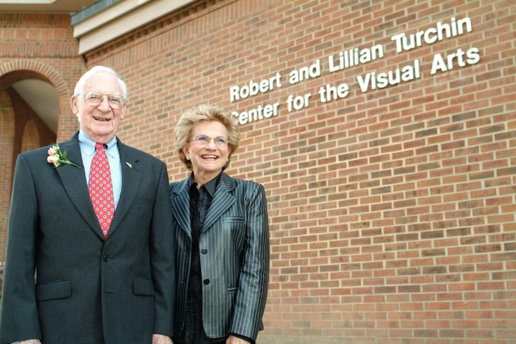 Robert+and+Lillian+Turchin+stand+in+front+of+the+Turchin+Center+for+the+Visual+Arts+at+the+grand+opening+in+2003.+Robert+passed+away+Feb.+14+at+the+age+of+90.+Megan+Stage+%7C+Courtesy+Photo