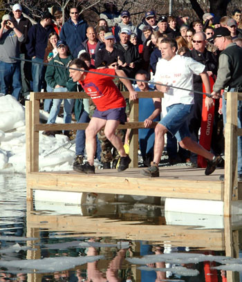 Appalachian State University Police Chief Gunther Doerr (Left) and Former Boone Police Chief Bill Post (Right) prepare to take an icy dip into Duck Pond for the 2004 Polar Plunge. Law enforcement agencies in Watauga County have raised money for Special Olympics athletes through the annual Polar Plunge at Duck Pond since 2000. Post has since retired and now teaches in the criminal justice department. Marie Freeman | Courtesy Photo