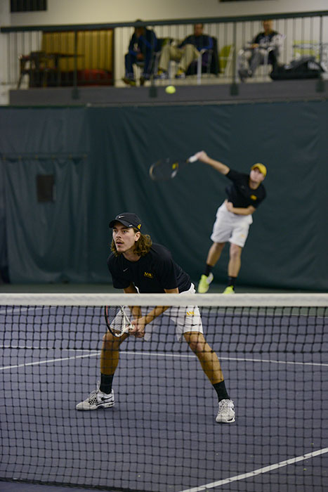 Freshman Zach Bost and junior Sebastien King team up against East Tennesse State University Saturday afternoon. The Mountaineers lost to the Buccaneers 1-6.