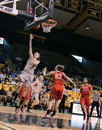 Sophomore forward Maryah Sydner attempts a layup in Saturdays game against Davidson. Sydner was the top scorer with 18 points as The Mountaineers lost to the Wildcats 56-49.