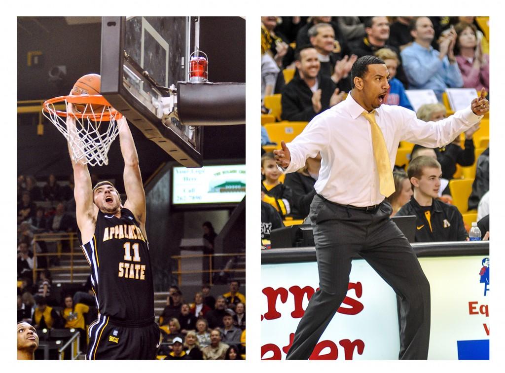 (Right) Head coach Jason Capel reacts to a foul play. (Left) Nathan Healy dunks the ball in a game against Chattanooga. Healy joined the team as a walk-on a freshman in Capel’s first year as head coach. Justin Perry | The Appalachian