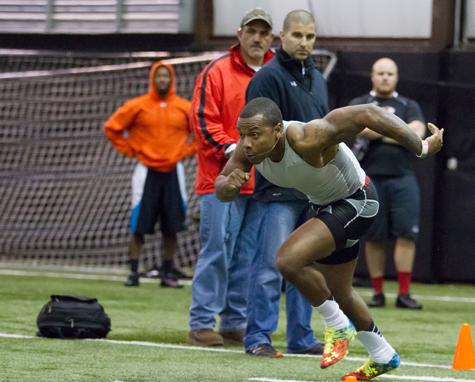 Safety Troy Sanders performs speed and agility drills for NFL scouts and position coaches on Pro Day Monday at the Sofield Family Indoor Practice Facility. Tyler Buckwell | Courtesy Photo