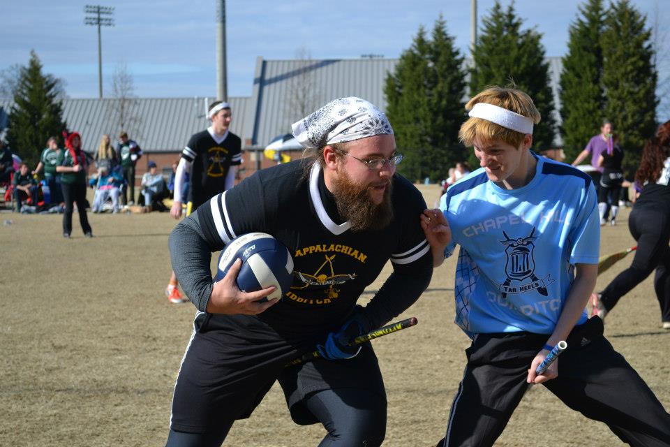 App State graduate student, QCC captain and Appalachian Quidditch chaser Nathan Love drives the quaffle down the pitch in the championship game against UNC-CH last Saturday. Appalachian lost to UNC-CH 120-40. Ellie Belcher | Courtesy Photo