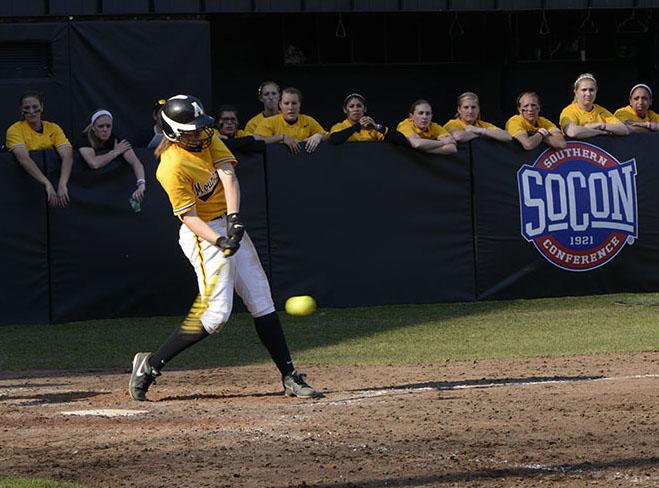 Sophomore outfielder Ashley Seering hits her first home run of the season in Tuesday’s game against Winthrop University. The Mountaineers flew by the Eagles 9-7. Courtney Roskos | The Appalachian