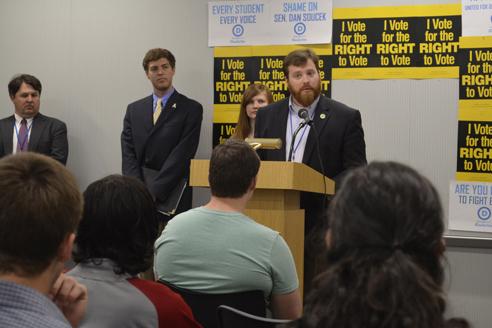 Boone Town Councilman and Appalachian alumnus Andy Ball address the kick-off press conference for the College Democrat-sponsored ‘I Vote’ campaign Wednesday in Plemmons Student Union. Aniesy Cardo | The Appalachian