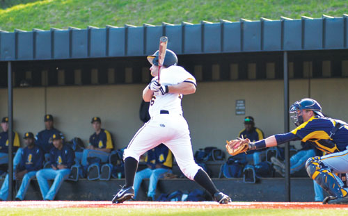 Senior walk-on Gabe Dimock follows through on a swing in last Tuesday’s game against N.C. A&amp;T. Aneisy Cardo | The Appalachian