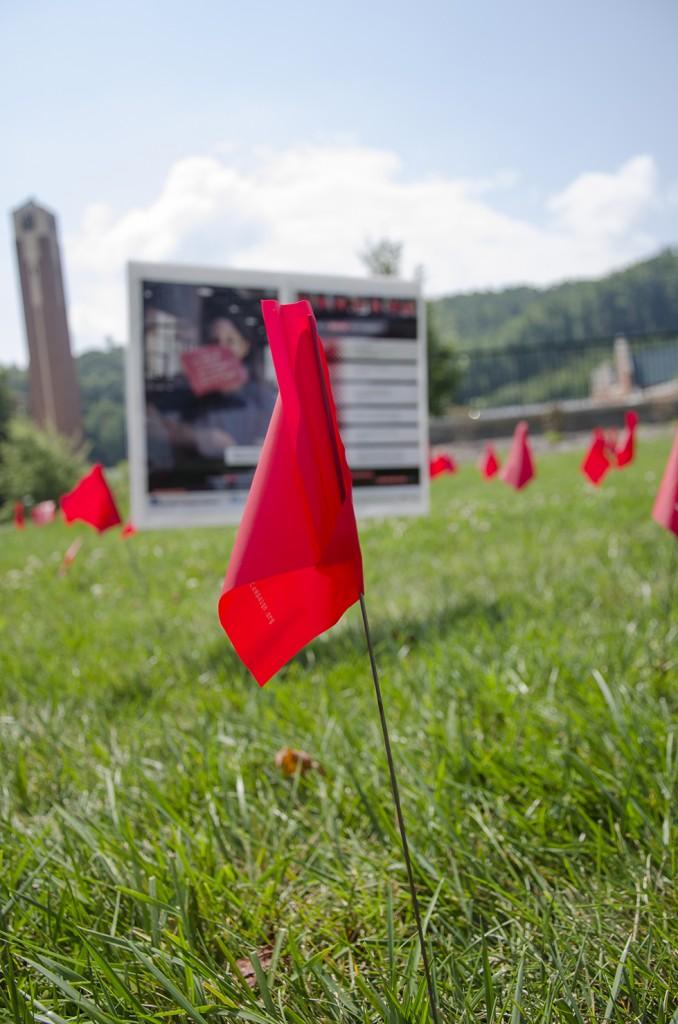 Red flags and informational signs dot the field in front of Central Dining Hall. The flags represent those who have been victims of sexual and dating violence. Photo by Justin Perry | The Appalachian