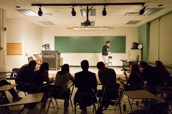 Freshman Casey Wiltgen auditions for NOUN, an improv group, in front of a panel of judges on Thursday. NOUN held auditions in the process of searching for new talent. Photo by Will Phillips | The Appalachian