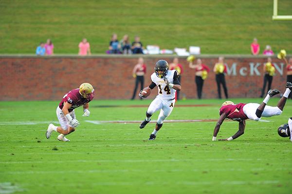 Freshman running back Marcus Cox sprints down the field during Saturday’s game against Elon. Cox had three touchdowns, helping to lead the Mountaineers to a 31-21 victory. Photo courtesy of Keith Cline | Appalachian State Athletics