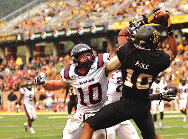 Sophomore wide receiver Sean Price catches the ball during Saturdays homecoming game against Samford. Price has been dismissed from the team due to several repeated violations of team rules, according to a statement from the Department of Athletics. Photo by Justin Perry | The Appalachian