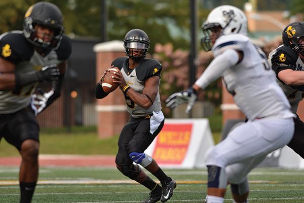 Sophomore quarterback Kameron Bryant looks to pass the ball during the Sept. 28 game against Charleston Southern. Bryant has six touchdowns this season. Photo by Justin Perry | The Appalachian