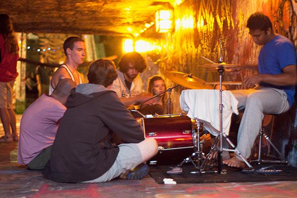 Sophomore sustainability major Pranav Gogate (right) performs a drum solo during last week’s Tunnel Tuesday. The weekly event was created spontaneously by a group of students who gathered regularly to perform music on the west side of campus has now turned into a major attraction. Photo by Kim Reynolds | The Appalachian