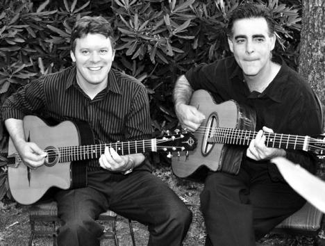 Andy Page (left) performed with guitarist James Schaller (right) at Crossroads Coffee House in Plemmons Student Union on Monday night. Photo courtesy of Andy Page