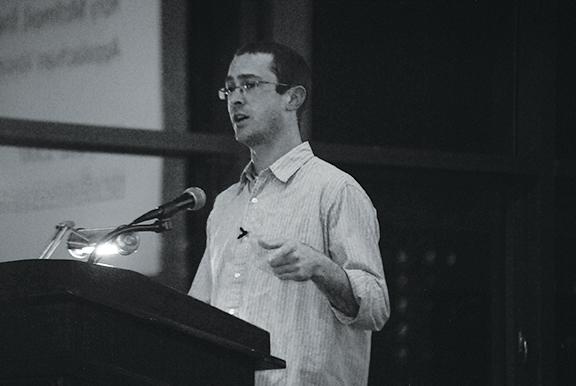 Rory McIlmoil, energy policy director for Appalachian Voices, gives a speech about renewable energy for the Renewable Energy Initiative’s Fall Forum. The forum was held in the Solarium in Plemmons Student Union on Monday. Photo by Nicole Debartolo | The Appalachian