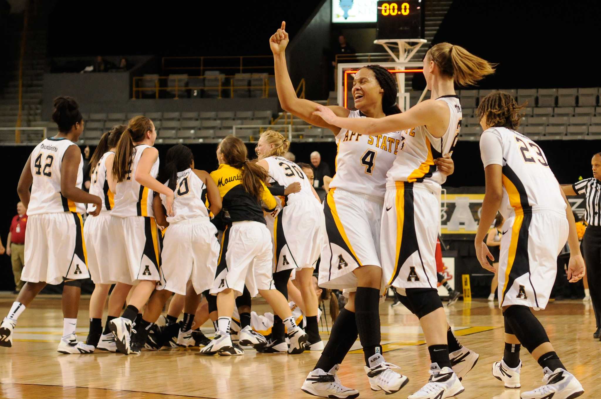 App State womens basketball celebrates after their home win over Arkansas State by a final score of 70-69. Justin Perry | The Appalachian