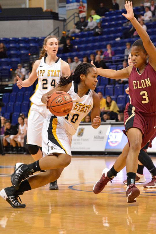 Freshman guard Joi Jones barrels toward the basket during Saturdays SoCon tournament game against Elon. Elon narrowly defeated Appalachian State 59-56. The Mountaineers will not be advancing in the SoCon tournament. Photo by Justin Perry  |  The Appalachian