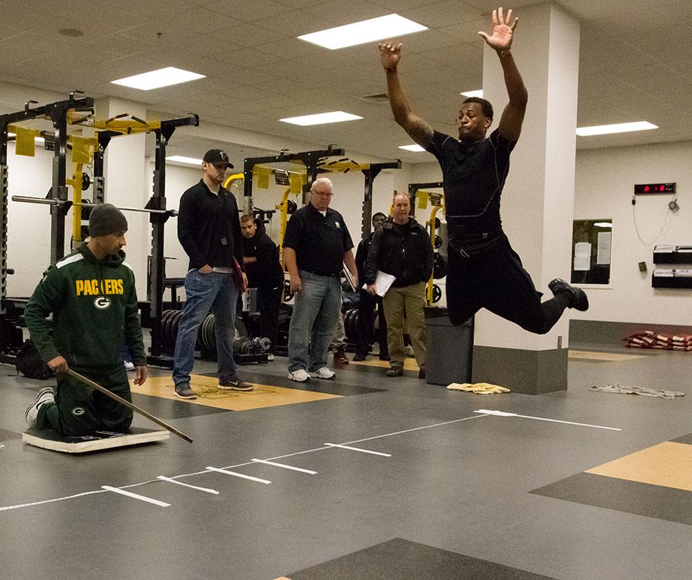 Former Appalachian State quarterback Jamal Londry-Jackson leaps through the air in the broad jump drill during Monday’s Pro Day at the Appalachian Athletics Center. Photo courtesy of Tyler Buckwell  |  Appalachian State Athletics