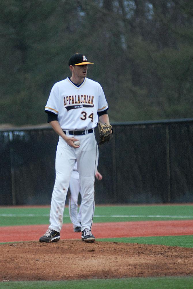 Sixth-year senior and former Watauga High pitcher Tyler Moore has settled into a consistent starting role this season. Moore has pitched three complete games for the Mountaineers this season.  Photo by Corey Spiers  |  The Appalachian