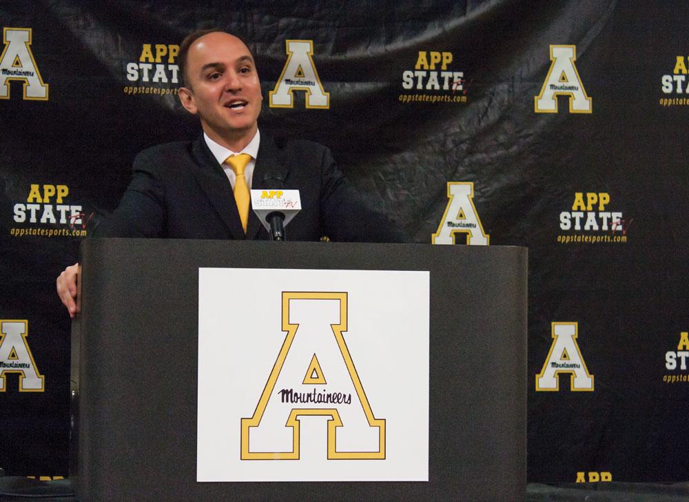 Newly+hired+head+basketball+coach+Jim+Fox+speaks+to+media+and+fans+at+a+press+conference+April+9+in+the+club+level+of+the+Athletics+Center.++Photo+by+Rachel+Krauza++%7C++The+Appalachian
