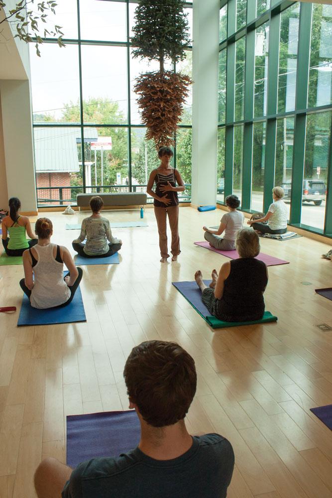 Students take a day of relaxation through yoga at Turchin Center for the Visual Arts Saturday. Photo by Rachel Krauza  |  The Appalachian