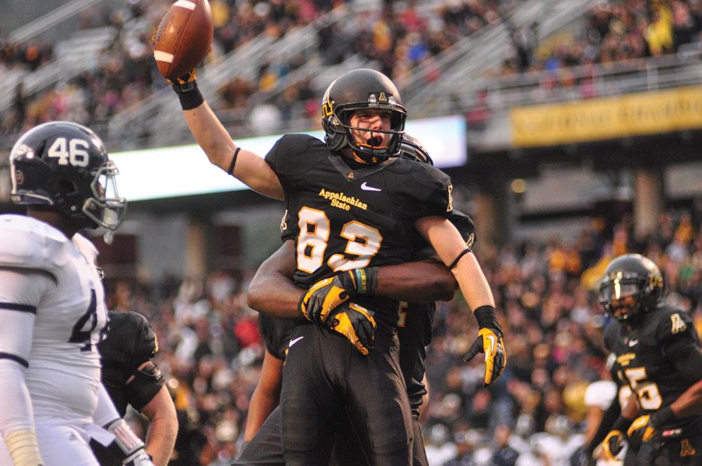 Wide receiver Simms Mcelfresh celebrates a well executed play during a football game last Fall at the Kid Brewer Stadium. File Photo  |  The Appalachian