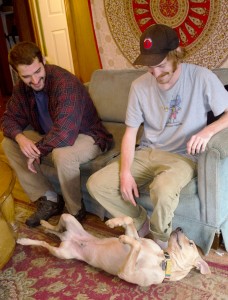 Roommates John Dombalis, a senior appropriate technology major, and Richard Oakley, a sophomore psychology major, play with Iko, a pit bull and Labrador mix. Oakley adopted Iko, who needs an operation to prevent the amputation of his leg after being hit by a car. Photo by Josh Farmer  |  The Appalachian