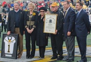 Former head coach Jerry Moore being honored at the football game Saturday night at Kidd Brewer Stadium. The Hall of Fame inductee was given a jersey by the university and an honorary plaque by the National Football Foundation. Photo by Morgan Cook  |  The Appalachian