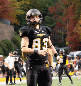 Junior wide receiver Simms McElfresh during the homecoming game against Liberty University. McElfresh has appeared in all seven of App State's games this season, amassing 349 yards and a team-high five touchdowns. Photo by Cara Croom  |  The Appalachian