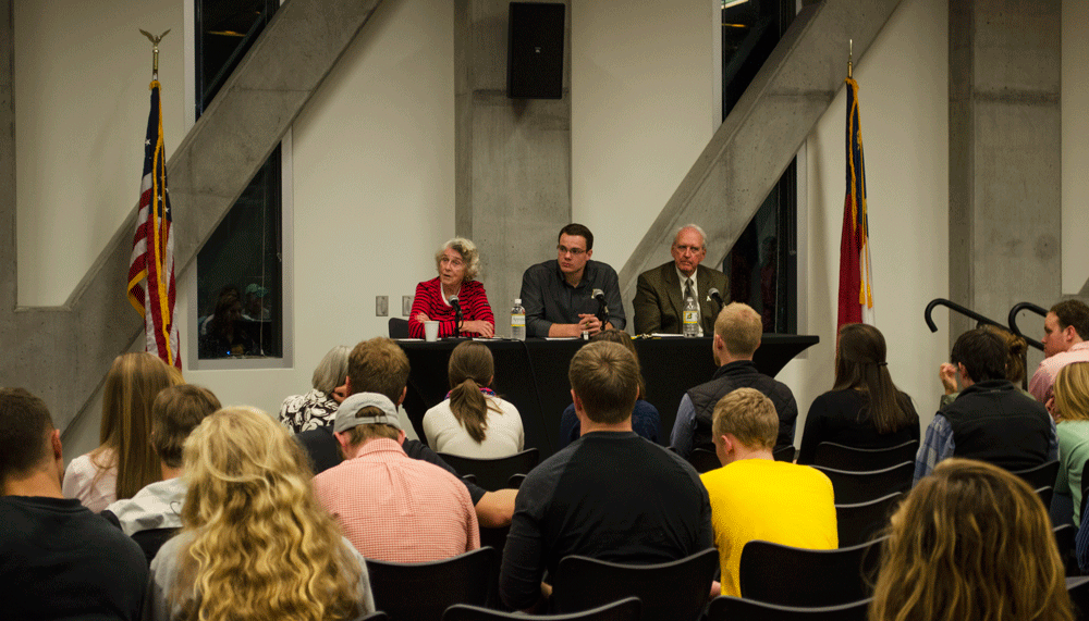 Former congresswoman Beverly Byron (left), SGA president Carson Rich (center) and former congressman Dan Miller answer questions from students at a panel for "Coffee with Congress" in Parkway Ballroom Monday night. Photo by Morgan Cook  |  The Appalachian