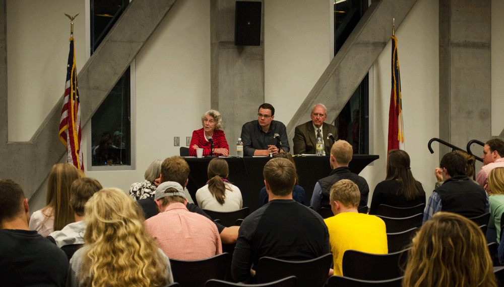 Former+congresswoman+Beverly+Byron+%28left%29%2C+SGA+president+Carson+Rich+%28center%29+and+former+congressman+Dan+Miller+answer+questions+from+students+at+a+panel+for+Coffee+with+Congress+in+Parkway+Ballroom+Monday+night.+Photo+by+Morgan+Cook++%7C++The+Appalachian