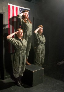 Junior biology major Alexandra Bradley (left), junior theatre arts major Sarah Duttlinger (middle) and junior communications major Natalie Carpenter (right) pose as as pilots as part of the cast of "Decision Height" in I.G. Greer Studio. Photo by Kerstin VanHuss