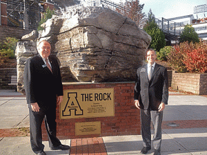 Judicial supreme court candidates Judge John Tyson (left) and Judge Eric Levinson (right) at Kidd Brewer Stadium. Courtesy of Judge Eric Levinson