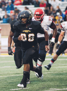 Inside linebacker John Law at Kidd Brewer Stadium during the homecoming football game against Liberty University. Photo by Cara Croom  |  The Appalachian