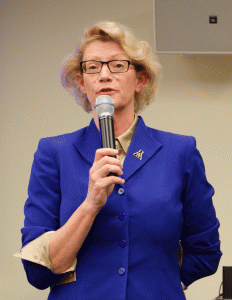 Chancellor Everts discusses women and leadership at the library on Wednesday evening for the women's studies lecture. Photo by Charlie Montero  |  The Appalachian