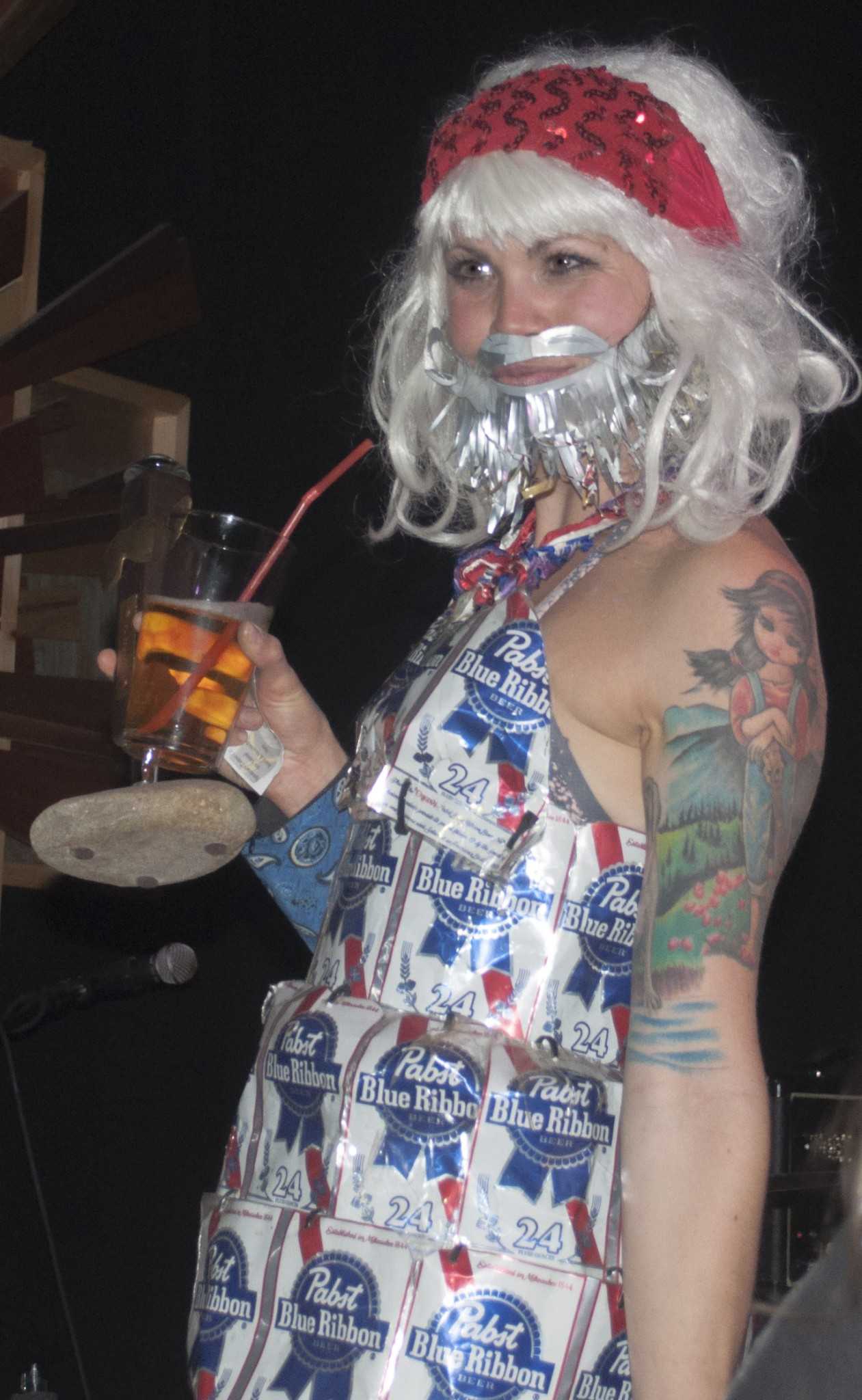 Beard and Moustache Party attendee Kappa Hobbs in her hand-made Pabst Blue Ribbon dress. Photo Credit: Emma Speckman