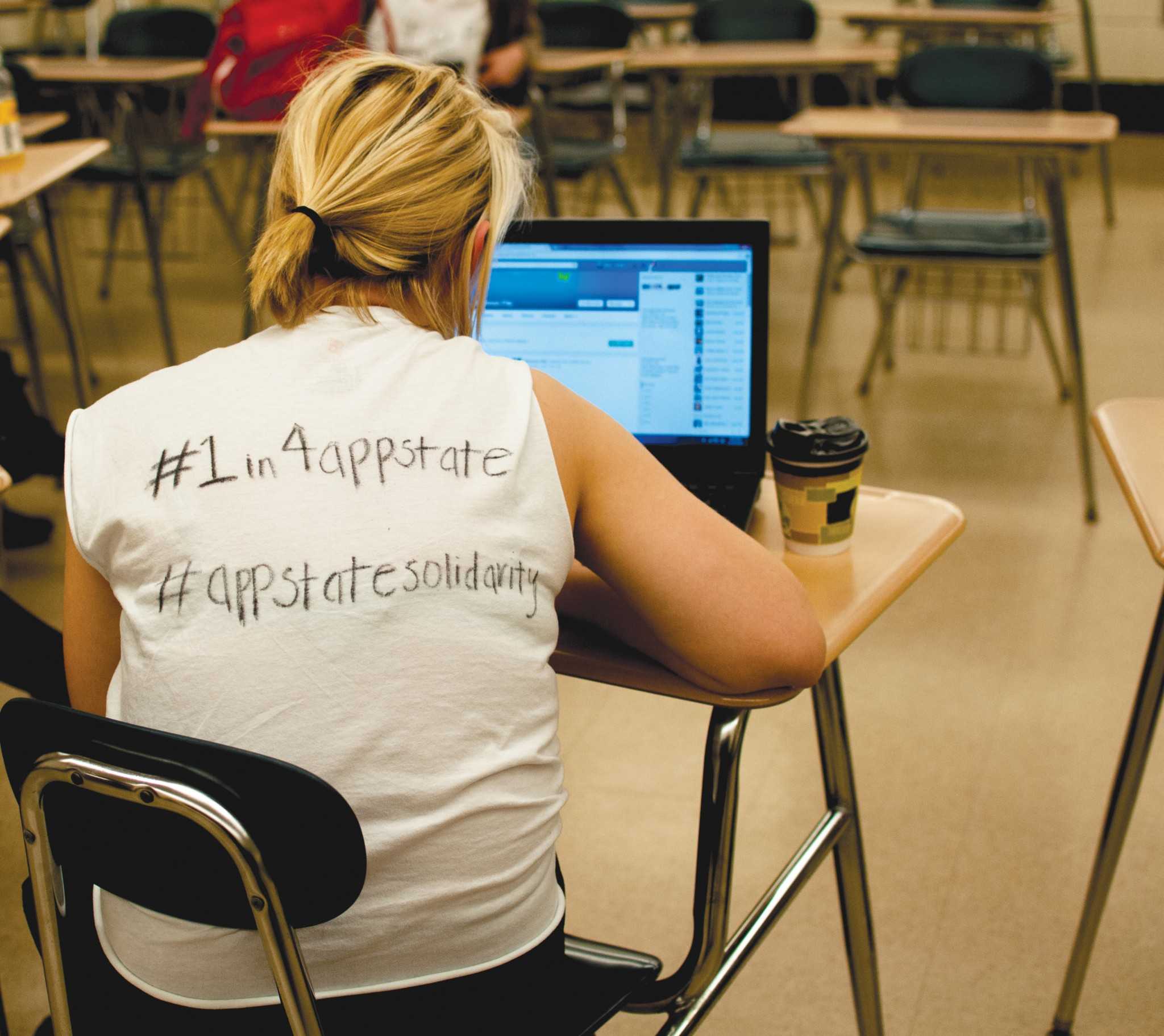 Nina Rhoades, a member of End ASU’s Rape Culture, is wearing a shirt with hashtags created for use during Rape Culture Awareness Week, which runs from Nov. 17-20. Photo by Malik Rahili  |  The Appalachian