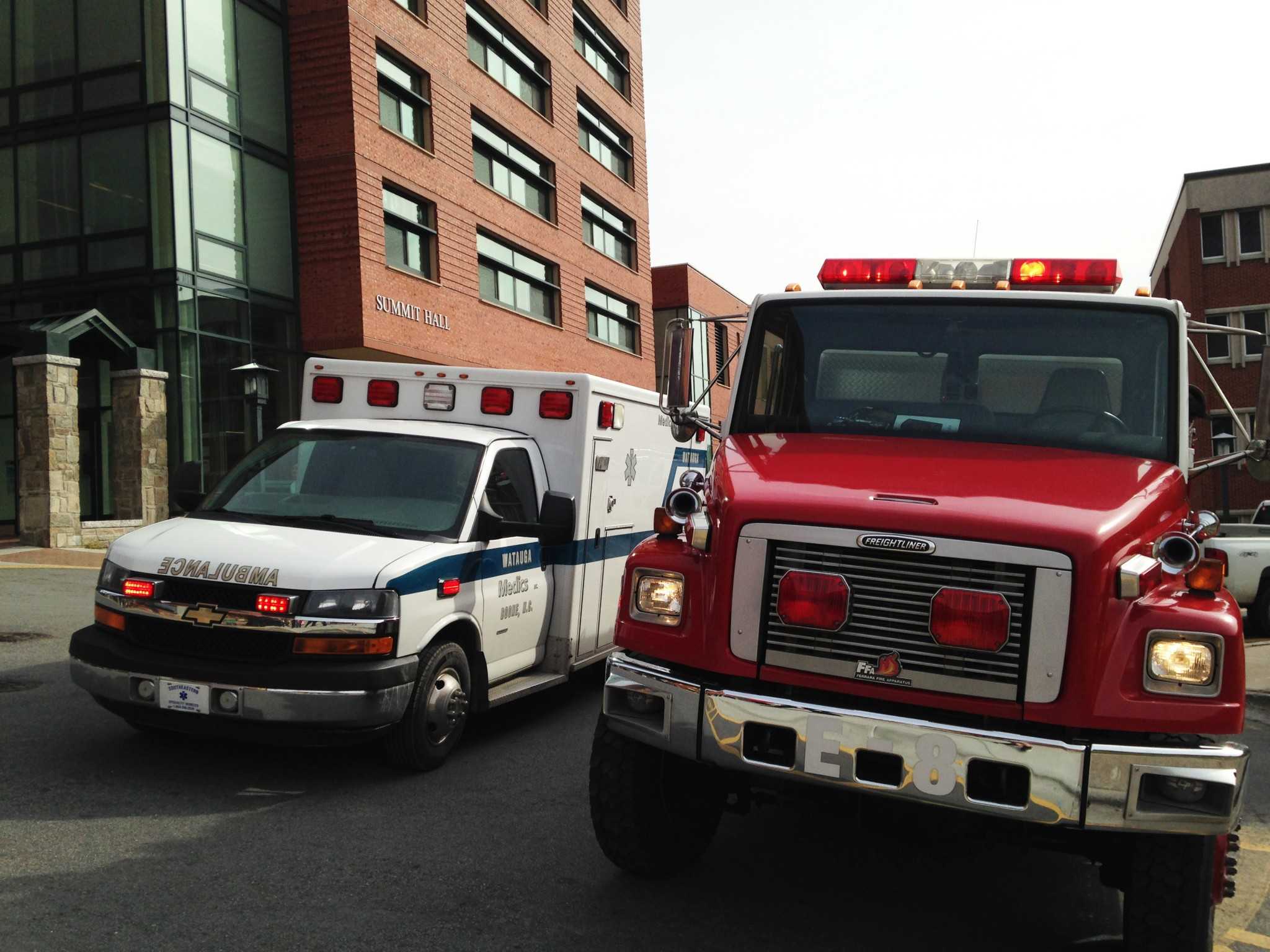 A Boone Fire Department fire truck and a Watauga Medics ambulance arrived on scene after Plemmons Student Union was evacuated Tuesday morning. 